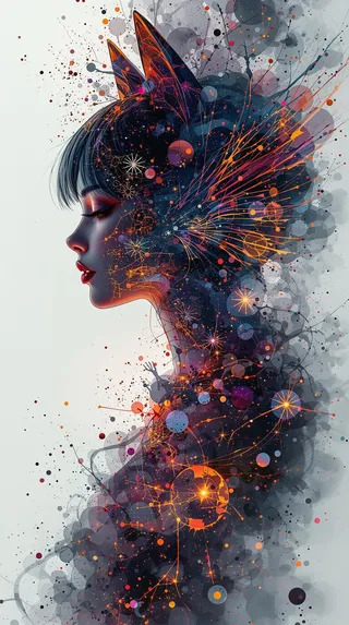 A vibrant double exposure artwork featuring an anime woman silhouette with cat ears and wings, enveloped in colorful abstract splashes and intricate patterns.