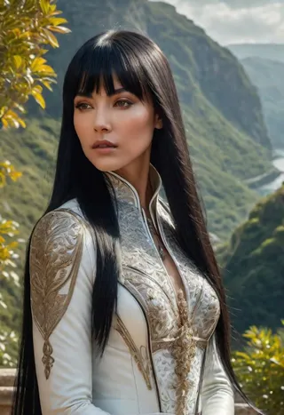 Detailed portrait of a woman with long straight black hair and wispy bangs, dressed in ornate white leather with gold embroidery, set against a lush mountainous landscape.