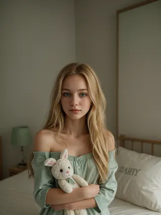Blonde girl with long hair in off shoulder pajamas holding a stuffed bunny in a softly lit bedroom