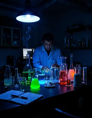 A scientist in a dimly lit laboratory carefully mixing chemicals with glowing liquids in neon green, electric blue, and fiery red inside various glass beakers and flasks, illuminated under a hanging light.