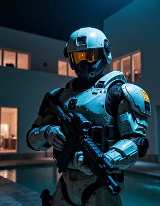 Futuristic military robot soldier in armored suit guarding a luxury modern villa at night, holding a rifle, with illuminated villa windows in the background.