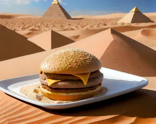 A sesame seed burger placed on a white plate in the middle of hot sunny sand dunes with pyramids visible in the background.