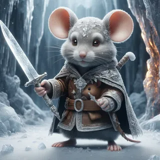 Anthropomorphic mouse ninja with frosted fur and cloak holding a sword in a crystal cave, detailed anime style.