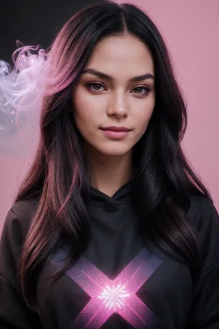 Close-up portrait of a brunette woman with black and pink hair highlights, wearing a black sweatshirt with a pink glowing X design, against a black and pink backdrop with volumetric pink smoke and lens flare.