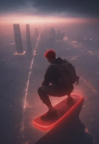 A cyberpunk character with a red mohawk skateboards on a glowing neon hoverboard high above a futuristic cityscape at dusk, viewed from an aerial perspective.
