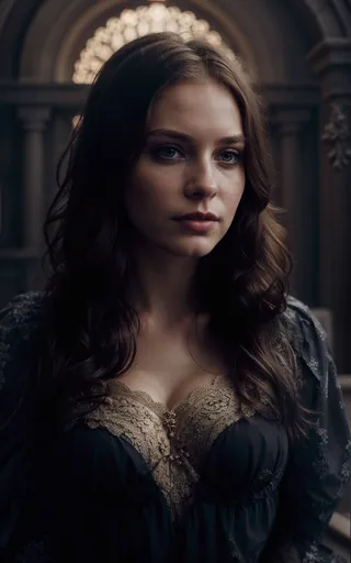 A melancholic young woman with flowing dark hair wearing an intricate lace dress, set in a mystical, dreamlike cinematic scene with soft lighting.
