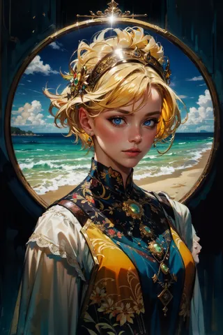 Photorealistic digital painting of a sun goddess with short blonde hair and blue eyes wearing an ornate golden crown and intricate vintage clothing, set against a bright beach and ocean background.