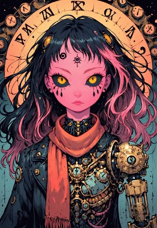 Portrait of a pink-skinned cyborg girl with yellow eyes and black sclera, featuring steampunk elements, mechanical limbs, an antique clock background, and a mechanical heart.