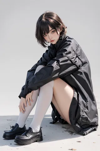 A realistic digital portrait of a young girl with short brown hair sitting on the ground wearing a black oversized jacket, white stockings, and black loafers, looking at the viewer with a neutral expression.