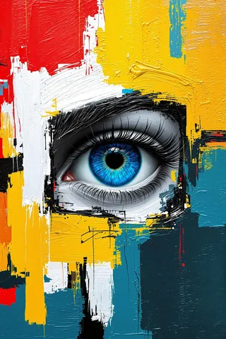 Highly detailed, realistic blue eye with long eyelashes surrounded by vibrant, bold brushstrokes of red, yellow, white, black, and teal in an abstract textured painting.