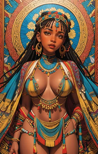 A female character dressed in traditional South African beadwork style featuring intricate bead patterns, colorful ornaments, and cultural attire.