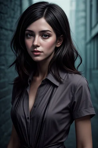 Detailed digital portrait of a young woman with medium dark hair, wearing a buttoned dark shirt, illuminated with soft lighting, styled for character concept art.