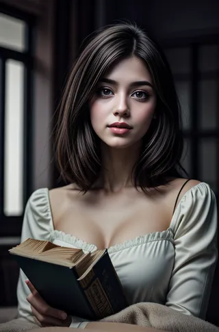 A realistic portrait of a beautiful young woman with medium-length dark hair holding an open book, wearing an off-shoulder white top, set in soft ambient lighting.
