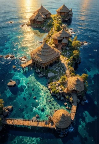 Bird's eye view of several straw huts connected by wooden piers, surrounded by vibrant and colorful clear water with sun reflections, creating a magical and surreal atmosphere.