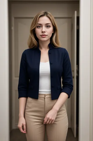 A blonde woman standing confidently indoors wearing a navy blue blazer, white top, and beige pants against a neutral background.