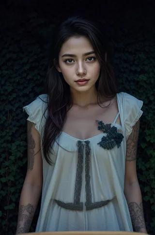 Portrait of a young woman with long dark hair, tattoos on her arms, wearing a white dress with floral embroidery, standing against a dark foliage background.
