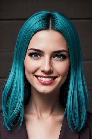 Portrait of a slender woman with vivid blue hair, blue eyes, and an evil smile, wearing eyeliner and eye shadow, showcasing a perfect face.