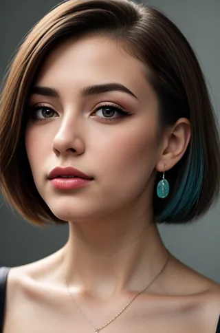 Detailed portrait of a woman with teal hair tips, black eyes, natural makeup, wearing turquoise earrings and a delicate necklace against a gray backdrop.
