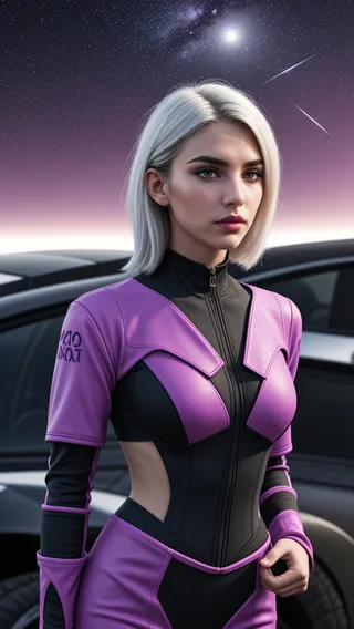 Young woman with white bob hair wearing a purple and black cyberpunk racesuit, standing near a sleek widebody vehicle under a starry purple sky with distant planets.