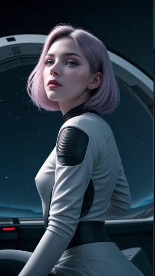 Young woman with pink bob hair in a futuristic white flightsuit seated in a spaceship cockpit against a starry space background.