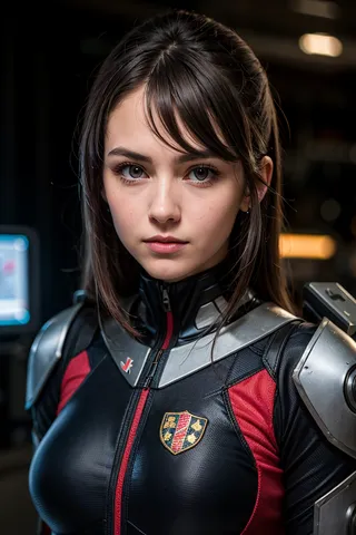 Close-up portrait of a European woman wearing a black and red sci-fi battle suit with armored shoulder pads, looking directly ahead with a serious expression.