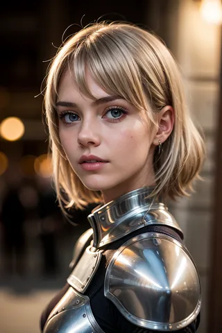 Portrait of a young woman with detailed face and silver hair wearing an armored dress, captured with photorealistic style and cinematic lighting with blurred town horizon background.