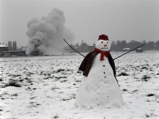 赤いマフラーと軍帽を身に着けたソビエト兵士の格好をした雪だるまが、1942年スターリングラードの戦い中、砲撃の煙が背景に立ち込める雪原に立っている。
