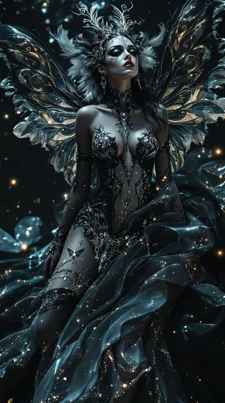 A mystical moth woman adorned with dark, intricate body art and ornate moth-shaped spectacles, featuring feathery ethereal wings and flowing translucent attire against a dark, glowing background.