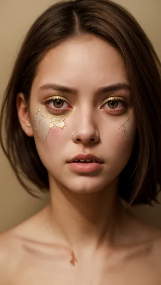 Close-up portrait of a woman with cracked skin effect on her cheeks highlighted with gold, gold eyes, and natural lips, looking directly at the viewer.