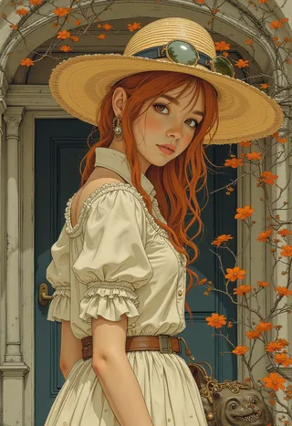 Portrait of a red-haired woman wearing a wide straw hat with sunglasses and a vintage cream dress, standing by an ornate door surrounded by orange flowers.
