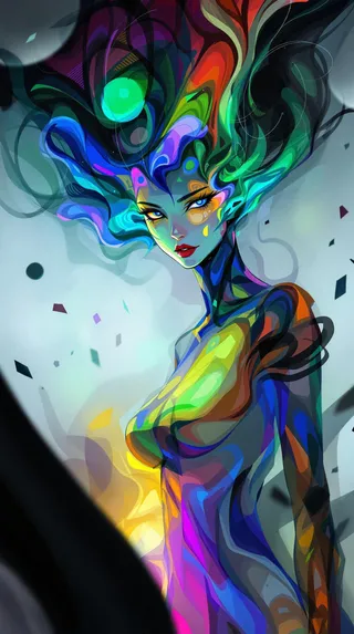 A colorful abstract character with no defined hair, featuring a flowing vibrant aura and translucent outfit blending into a dynamic digital environment.