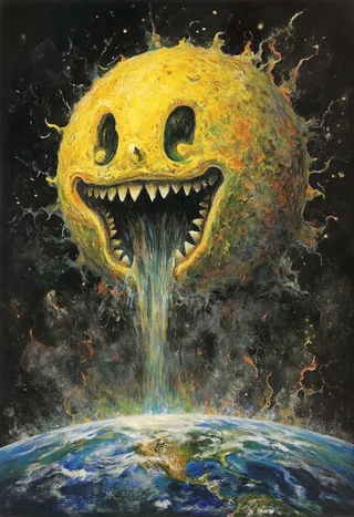 A giant monstrous yellow Pacman with sharp teeth hovers above planet Earth, devouring it in a dark fantasy, gothic art style with a mysterious, eerie atmosphere.