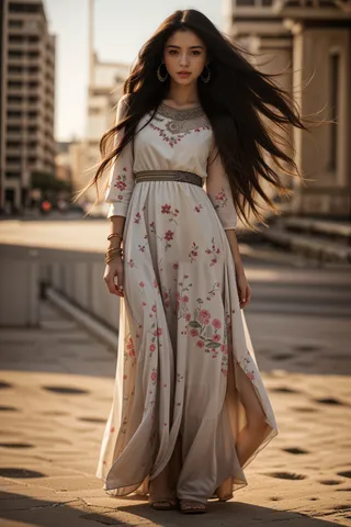 Woman with long hair wearing a floral summer dress stands in full body view with urban cityscape in background.