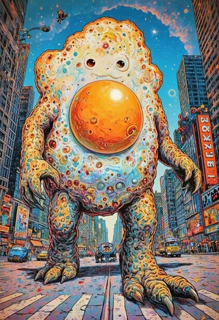 A giant monstrous fried egg creature with a shiny yolk walking through a detailed city street filled with tall buildings and vehicles, in vibrant psychedelic cartoon style.