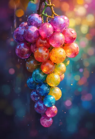 Cluster of rainbow-colored grapes glowing vibrantly with a painterly effect and surreal bokeh background in 8k resolution