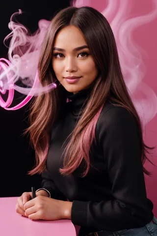 Close-up portrait of a young woman with brown hair and pink highlights wearing a black sweatshirt, smiling with volumetric pink smoke and a pink backdrop in background.