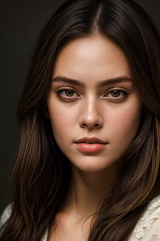 Hyperrealistic high-resolution portrait of a young woman with long dark hair, clear green eyes, and natural skin texture against a dark background.