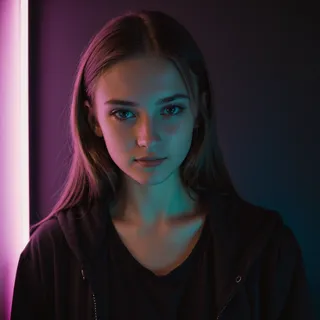 Portrait of an 18-year-old Caucasian girl with straight hair, illuminated by pink and blue neon lights, wearing a dark hoodie against a dark background.