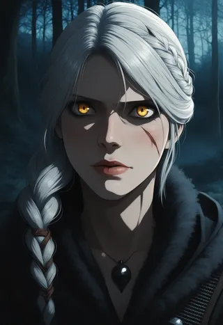Close-up anime portrait of a woman with white braided hair, golden eyes, a facial scar, wearing armor and a dark fur cloak, set against a dark forest trail background.