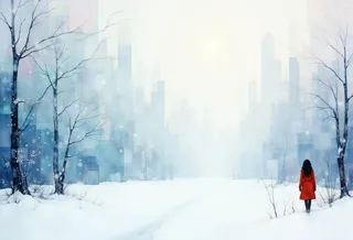 A digital winter landscape featuring abstract geometric snowy trees and a woman in a red coat with glowing blue eyes standing in the snow.