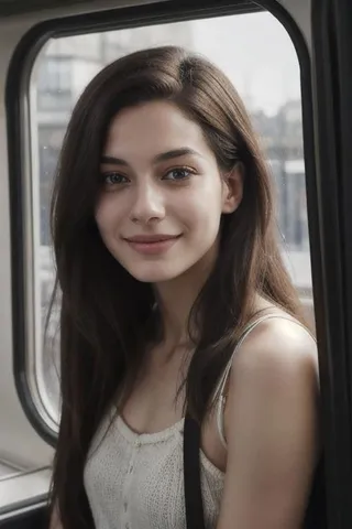 Chest-high photorealistic portrait of a young woman with straight dark hair and dark eyes smiling inside a train with dim natural lighting.