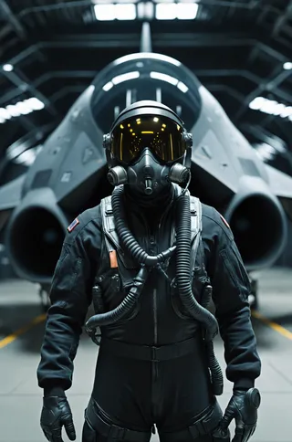 A futuristic military pilot dressed in a black flight suit and wearing a high-tech pilot helmet with an oxygen mask stands inside a military hangar with a stealth jet fighter in the background, illuminated by cinematic and volumetric lighting.