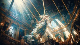 A white-haired woman with long flowing hair wearing a strapless dress swings on a trapeze inside an ornately decorated Rococo style room, illuminated by sunbeams streaming through windows.