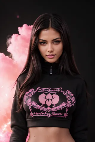 Close-up portrait of a brunette woman wearing a black sweatshirt with pink graphic design, set against a black background with volumetric pink smoke and pink lens flare effects.