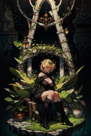A blonde girl with short hair in a black laced dress and black thigh boots sits on a stump in a moody lit forest ruins surrounded by lush green plants and vines