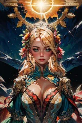 A photorealistic digital painting of a sun goddess with long blonde hair, green eyes, and an ornate floral armor set beneath a glowing sun disk helmet.