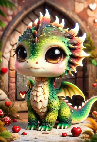A cute small green dragon with big expressive eyes and colorful scaled wings, surrounded by red heart shapes.