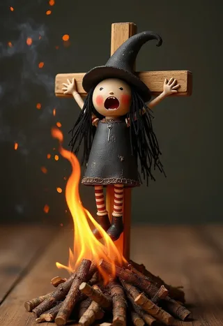 Close-up photograph of a hand-painted wooden Christmas toy depicting a cutesy witch nailed to a wooden cross, with flames burning the mound of twigs beneath her feet.