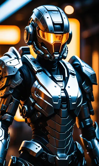 Futuristic cyborg wearing advanced metallic battle armor with a glowing orange visor helmet in a cyberpunk setting.