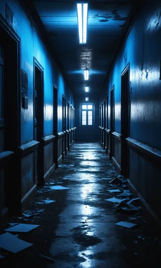 A photorealistic abandoned school hallway illuminated by blue glowing lights, featuring dramatic and volumetric lighting with scattered debris on the floor.